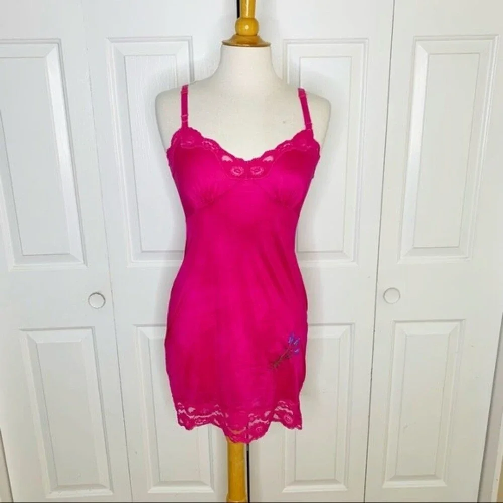 Vintage Lingerie Fuchsia Pink Barbiecore Embroidered  Slip Nightgown - Small - Picture 7 of 8